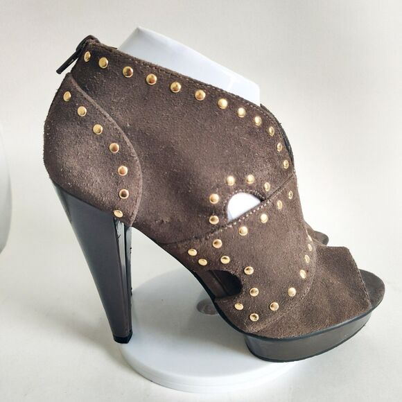 Steve Madden Devi Heels 7.5 Gray Suede Studded 5" Thick Heels‎ Cutouts Platform - Picture 2 of 9